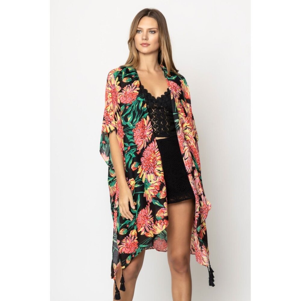 DIONA J FLORAL PRINT KIMONO ONE SIZE COLOR BLACK